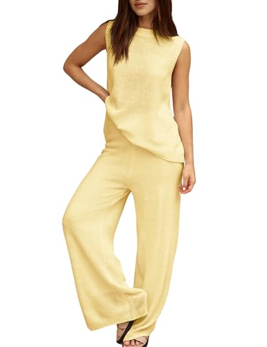 Women's 2 Piece Lounge Set Bow Sweater Vest Wide Leg Pants Summer Matching Sets Travel Outfits Knit Tracksuit Sweatsuit