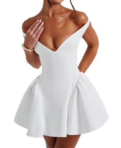 31XabXeqL.jpg Women's Summer Sexy V Neck Off Shoulder Wedding Mini Dresses Backless A Line Puffy Hem Prom Party Gown