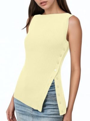 Women Asymmetrical Button Down Side Split Sleeveless Tank Tops Boat Neck Slim Fit Summer Casual Side Button Knit Vest