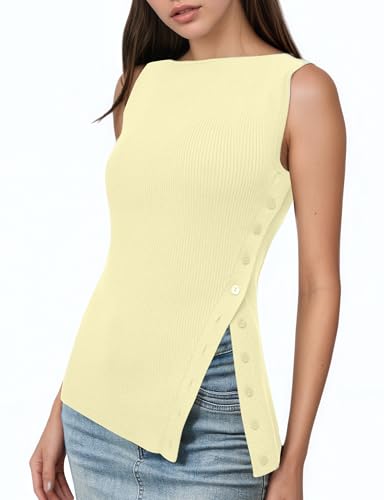 31XfydBcPtL.jpg Women Asymmetrical Button Down Side Split Sleeveless Tank Tops Boat Neck Slim Fit Summer Casual Side Button Knit Vest