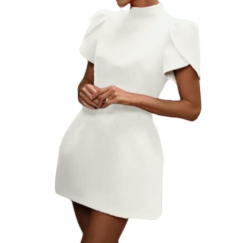 31YvT8kIXfL.jpg Women's Elegant Bow Backless Hollow Out Mini Dress Turtleneck Short Sleeve Pad Shoulder Dresses for Party Cocktail