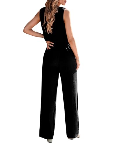 Womens Two Piece Outfits Summer Fashion Button V Neck Crop Vest Blazer and Wide Leg Pants Suit Matching Sets
