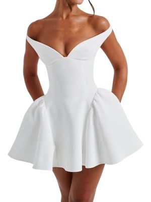 Women's Summer Sexy V Neck Off Shoulder Wedding Mini Dresses Backless A Line Puffy Hem Prom Party Gown