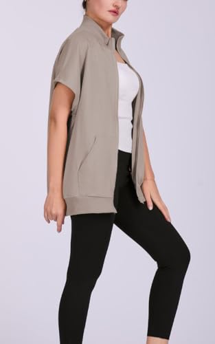 Women's Zip Up Sweatshirts Short Sleeve Lapel Oversized Summer Casual Loose Solid Sweatshirt Jacket with Pockets