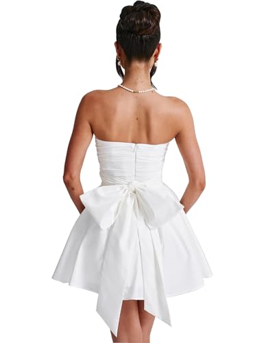 Women's Strapless Mini Dress Ruched Sleeveless Off Shoulder A-Line Pleated Short Dress with Oversized Bow