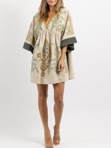 Womens Oversized Embroidered Dress with V-Neck and 3/4 Sleeves Vintage Embroidery Babydoll Dress