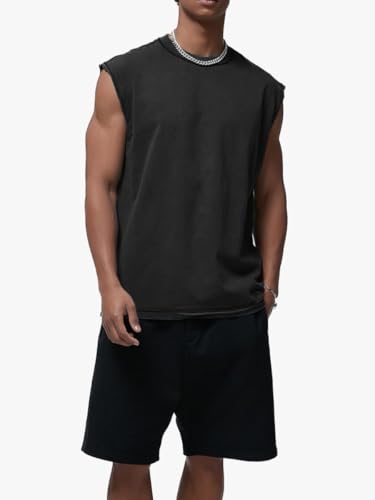 Men's Black Sleeveless Washed Casual Vest Lightweight Muscle Tee for Streetwear Summer OutfitsTank Top