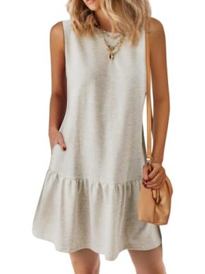 Casual Short Summer Dresses for Women 2025 Sleeveless Crewneck Cute Ruffle Loose Vacation Mini Tshirt Dress