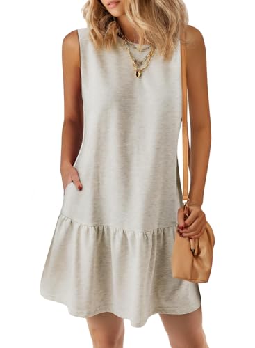 Casual Short Summer Dresses for Women 2025 Sleeveless Crewneck Cute Ruffle Loose Vacation Mini Tshirt Dress