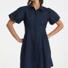 Women's Short Puff Sleeve Shirt Dress Button Down Pleated Mini Dress Summer Casual Short Dresses
