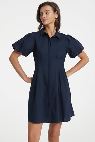 Women's Short Puff Sleeve Shirt Dress Button Down Pleated Mini Dress Summer Casual Short Dresses