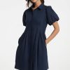 Women's Short Puff Sleeve Shirt Dress Button Down Pleated Mini Dress Summer Casual Short Dresses