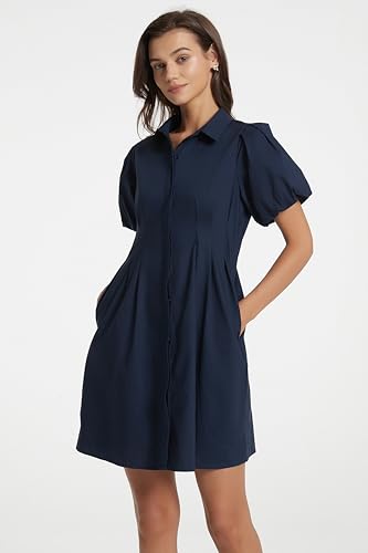 Women's Short Puff Sleeve Shirt Dress Button Down Pleated Mini Dress Summer Casual Short Dresses