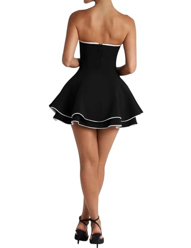 Women Summer Strapless Off The Shoulder Corset Mini Dress A-Line Pleated Tiered Fit and Flare Bow Tie Graduation Dress