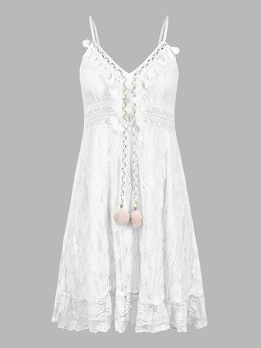 Women's Mini Dress Lace Boho Tassel V-Neck Flare Ruffle Adjustable Straps Beach Summer Short Dress