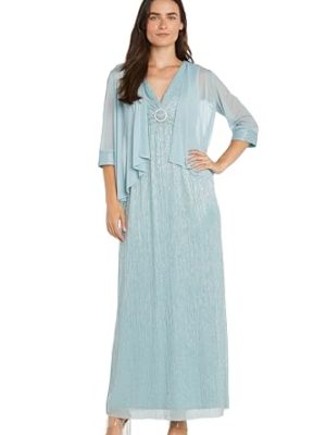 31mhhwii-gL.jpg Metallic V-Neck Dress W/Pleated Removable Sheer Jacket