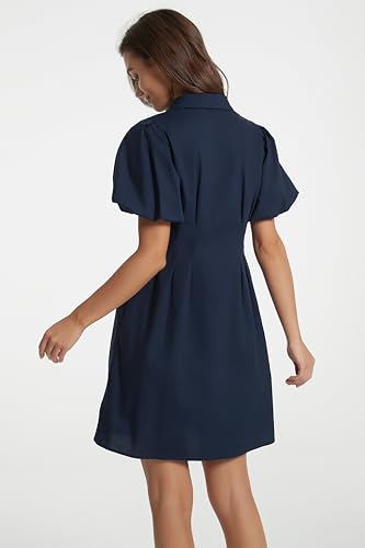 Women's Short Puff Sleeve Shirt Dress Button Down Pleated Mini Dress Summer Casual Short Dresses