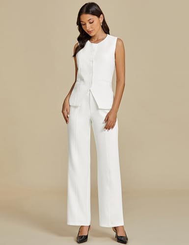 Vest Pants Suits for Women Dressy 2 Piece Business Casual Outfits Sleeveless Blazer Wide Leg Pants Pantsuit Sets