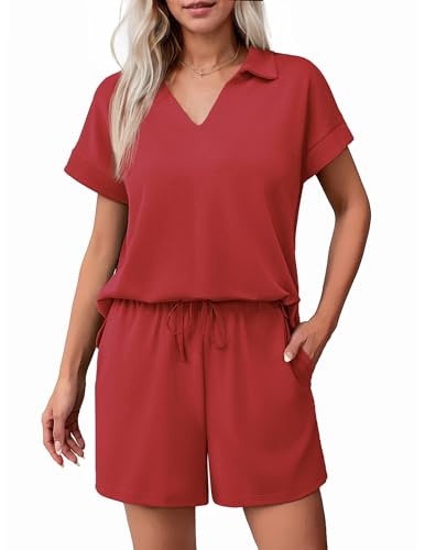 2 Piece Sets for Women Summer Lounge Sets Short Sleeve Sweatsuit V-neck Tops and Drawstring Shorts Outfits Tracksuit