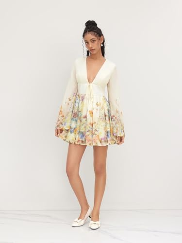 31rAk27g49L.jpg Dresses for Women Floral Print V Neck Long Sleeve High Waist Knotted Ruffle A Line Mini Dress