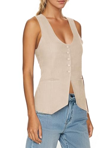 31sOxoUCmEL.jpg Womens Scoop Neck Blazer Vest Summer Linen Sleeveless Fitted Waistcoat Work Casual Cotton Suit Tops