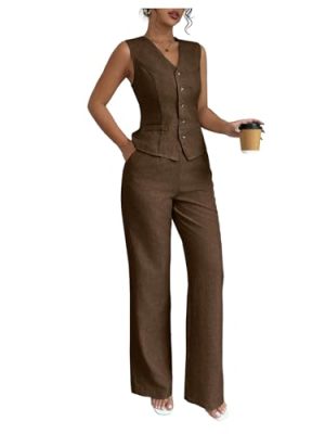 31sXRzJ3lZL.jpg Women's 2 Piece Outfits V Neck Button Down Vest Tops and High Waisted Pants Set Office Work Suit