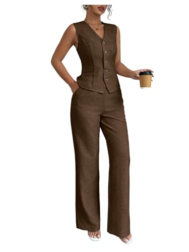 Women's 2 Piece Outfits V Neck Button Down Vest Tops and High Waisted Pants Set Office Work Suit