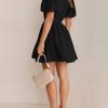 Women Mini Dress Short Puff Sleeve Sexy V Neck Dress A-line Elastic High Waisted Casual Flowy Summer Dresses
