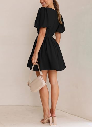 Women Mini Dress Short Puff Sleeve Sexy V Neck Dress A-line Elastic High Waisted Casual Flowy Summer Dresses