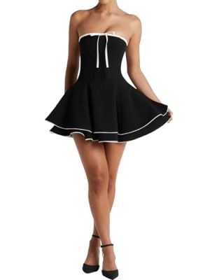 31te5Tt5y3L.jpg Women Summer Strapless Off The Shoulder Corset Mini Dress A-Line Pleated Tiered Fit and Flare Bow Tie Graduation Dress