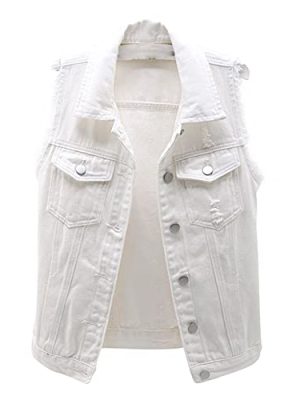 Women's Casual Denim Waistcoat Slim Fit Frayed Sleeveless Jacket Ripped Tops with Pockets