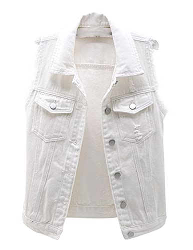 31tt7ZAD2zS.jpg Women's Casual Denim Waistcoat Slim Fit Frayed Sleeveless Jacket Ripped Tops with Pockets