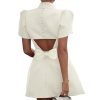 31ufCu9AvbL.jpg Women's Elegant Bow Backless Hollow Out Mini Dress Turtleneck Short Sleeve Pad Shoulder Dresses for Party Cocktail