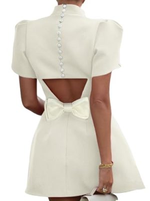31ufCu9AvbL.jpg Women's Elegant Bow Backless Hollow Out Mini Dress Turtleneck Short Sleeve Pad Shoulder Dresses for Party Cocktail