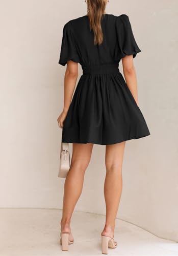 Women Mini Dress Short Puff Sleeve Sexy V Neck Dress A-line Elastic High Waisted Casual Flowy Summer Dresses