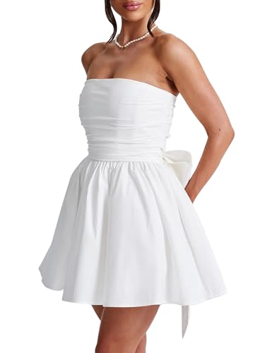 Women's Strapless Mini Dress Ruched Sleeveless Off Shoulder A-Line Pleated Short Dress with Oversized Bow
