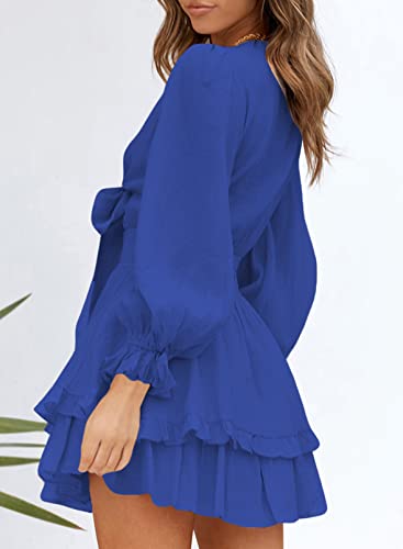 31wJnYY9DeL.jpg Womens Dresses Spring Summer Knot Front V Neck Ruffles Long Sleeve Floral Print Swing Mini Dress