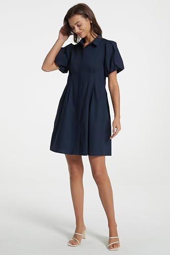 Women's Short Puff Sleeve Shirt Dress Button Down Pleated Mini Dress Summer Casual Short Dresses