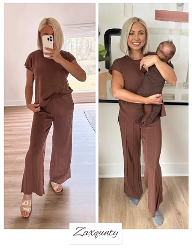 41-Bw8Nq4kL.jpg 2 Piece Outfits for Women Sweater Sets Knit Vest Tops Elastic Waisted Pants