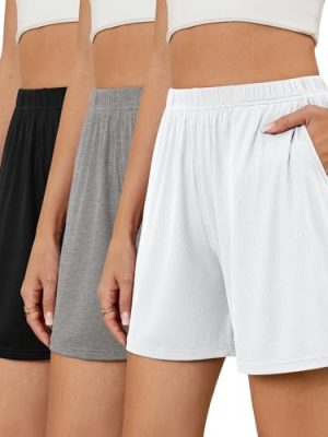 3 Pack Women's Casual Shorts Lounge Soft Summer Ribbed Elastic High Waisted Shorts Pocket Workout Athletic SweatShorts