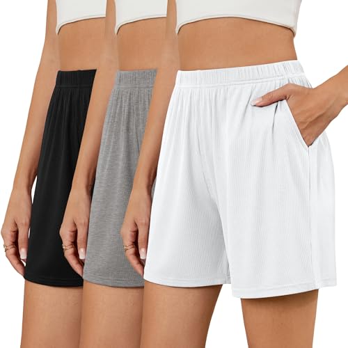 41-Us5HbeYL.jpg 3 Pack Women's Casual Shorts Lounge Soft Summer Ribbed Elastic High Waisted Shorts Pocket Workout Athletic SweatShorts