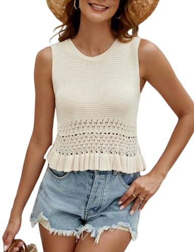 Womens Summer Crop Tank Tops Cute Knit Sweater Vest Crochet Sleeveless Pullover Top