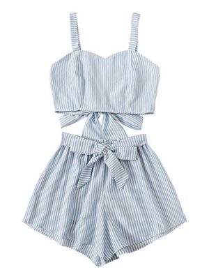 41-x5mUR6iL.jpg Women's 2 Piece Outfits Summer Sleeveless Tie Back Crop Cami Top and Shorts Set