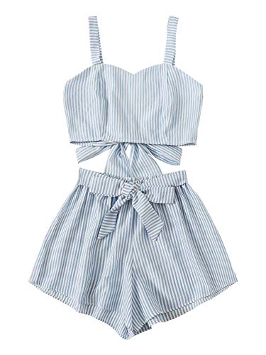 41-x5mUR6iL.jpg Women's 2 Piece Outfits Summer Sleeveless Tie Back Crop Cami Top and Shorts Set