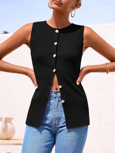 41016NBM59L.jpg Women's Sweater Vest Button Down Summer Tank Tops 2025 Sleeveless Knit Vests Fashion Business Casual Outfits