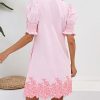 410Fhv5fswL.jpg Women's Summer Embroidered Mini Dress Short Puff Sleeve Ruffle Collar Button Front Shift Dress