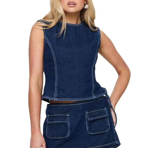 Women Sexy Backless Denim Vest Summer Sleeveless Jean Tank Top Crewneck Tie Up Back Slim Waistcoat Crop Top