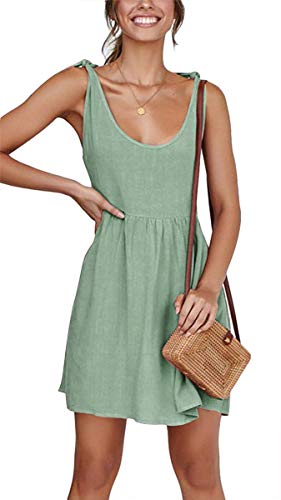 Womens Summer Shoulder Tie Strap Babydoll Dress Casual Scoop Neck A-Line Skater Swing Mini Sundress