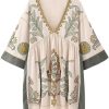 Womens Oversized Embroidered Dress with V-Neck and 3/4 Sleeves Vintage Embroidery Babydoll Dress