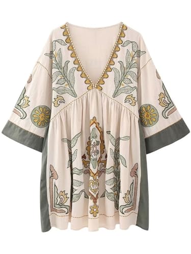 Womens Oversized Embroidered Dress with V-Neck and 3/4 Sleeves Vintage Embroidery Babydoll Dress